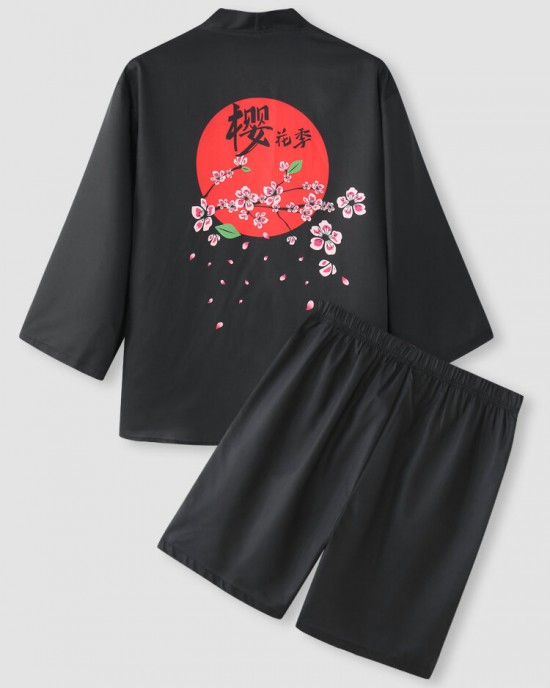 Mens Cherry Blossoms Character Back Print Kimono Loose Two Pieces Outfits Mens Cherry Blossoms Character Back Print Kimono Loose Two Pieces Outfits