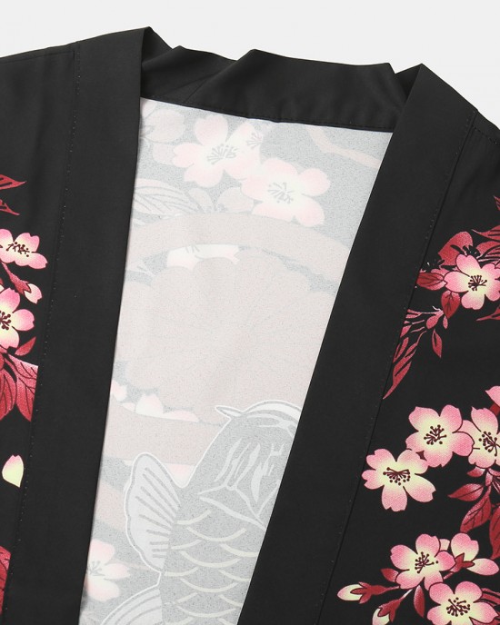 Mens Kimono Carp Flower Print Japanese Fish Elastic Waist Two Piece Outfits Mens Kimono Carp Flower Print Japanese Fish Elastic Waist Two Piece Outfits