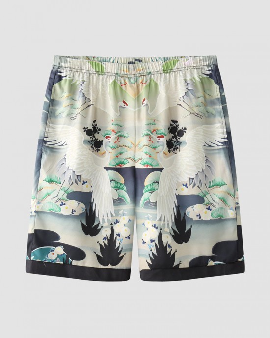 Mens Crane Landscape Print Contrast Trim Holiday Two Pieces Outfits Mens Crane Landscape Print Contrast Trim Holiday Two Pieces Outfits