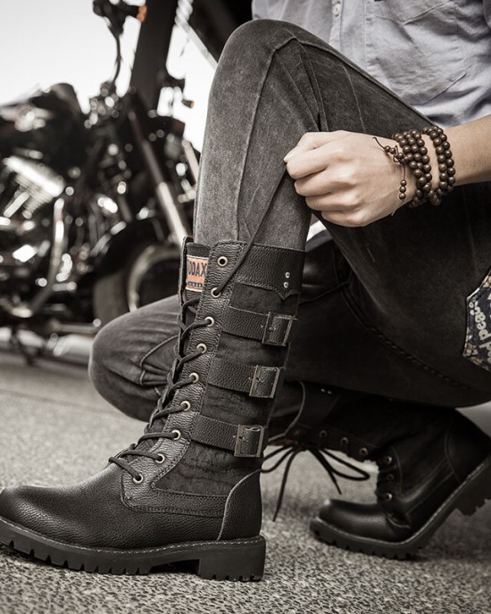 Men Classic Black Biker Boots Metal Buckle Motorcycle Boots Men Classic Black Biker Boots Metal Buckle Motorcycle Boots