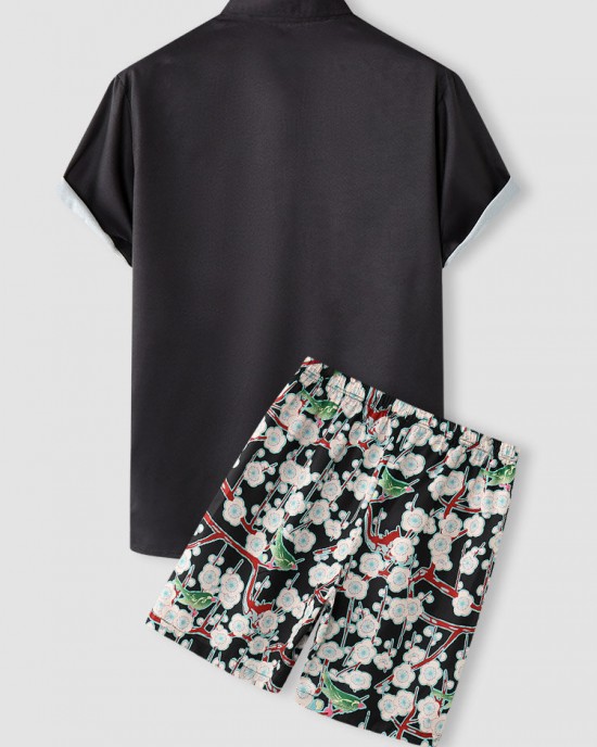 Mens Floral Print Double Pocket Button Up Holiday Two Pieces Outfits Mens Floral Print Double Pocket Button Up Holiday Two Pieces Outfits