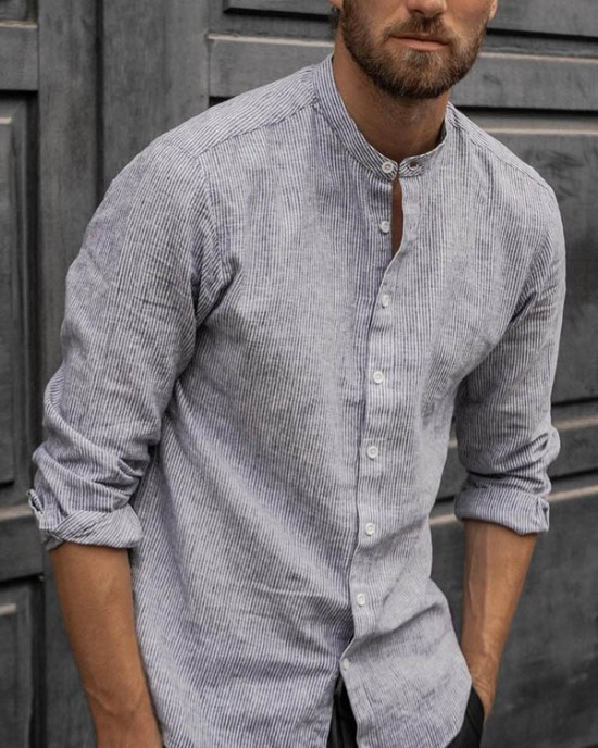 Men's loose sleeve cotton and linen shirt with stand collar HF0902-03-01 Men's loose sleeve cotton and linen shirt with stand collar HF0902-03-01