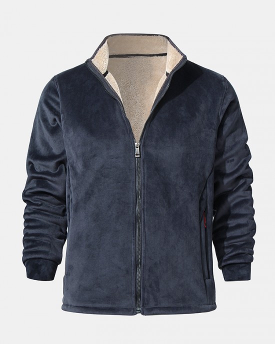 Mens Warm Velvet Stand Collar Sherpa Lined Long Sleeve Coats With Pocket Mens Warm Velvet Stand Collar Sherpa Lined Long Sleeve Coats With Pocket
