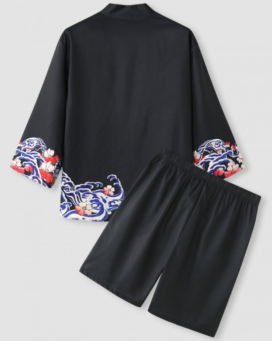 Mens Japanese Wave Print Open Front Kimono Loose Two Pieces Outfits Mens Japanese Wave Print Open Front Kimono Loose Two Pieces Outfits