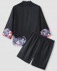Mens Japanese Wave Print Open Front Kimono Loose Two Pieces Outfits Mens Japanese Wave Print Open Front Kimono Loose Two Pieces Outfits