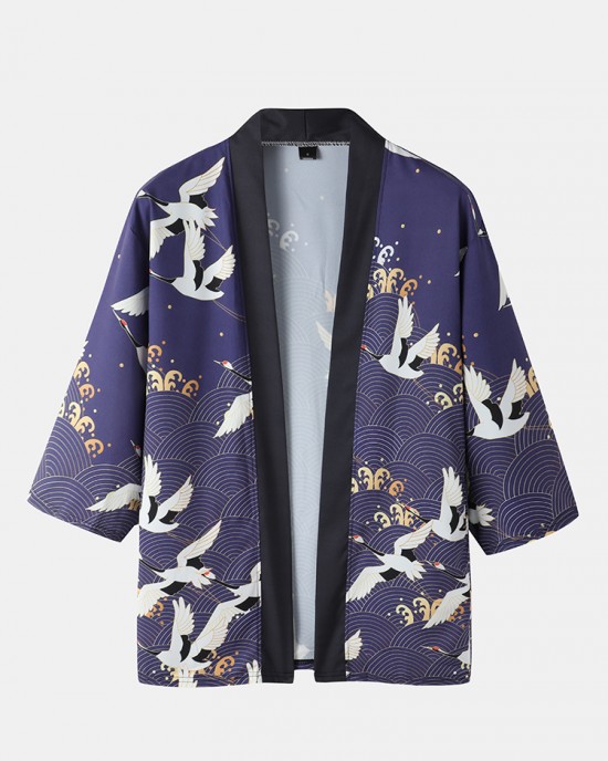Mens Kimono Ethnic Style Crane Print Open Front Casual Two Pieces Outfits Mens Kimono Ethnic Style Crane Print Open Front Casual Two Pieces Outfits
