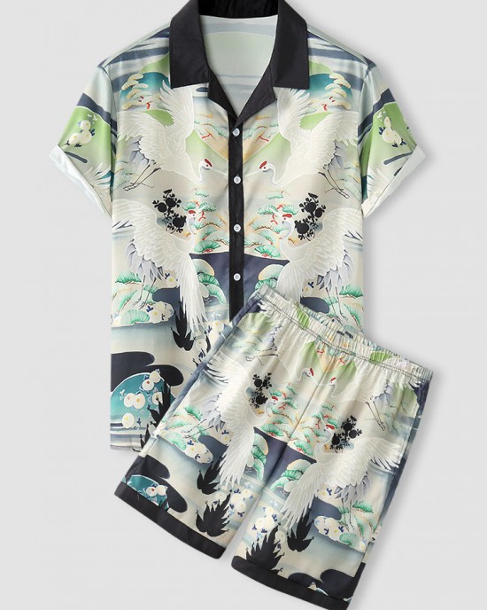 Mens Crane Landscape Print Contrast Trim Holiday Two Pieces Outfits Mens Crane Landscape Print Contrast Trim Holiday Two Pieces Outfits