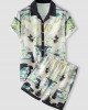 Mens Crane Landscape Print Contrast Trim Holiday Two Pieces Outfits Mens Crane Landscape Print Contrast Trim Holiday Two Pieces Outfits