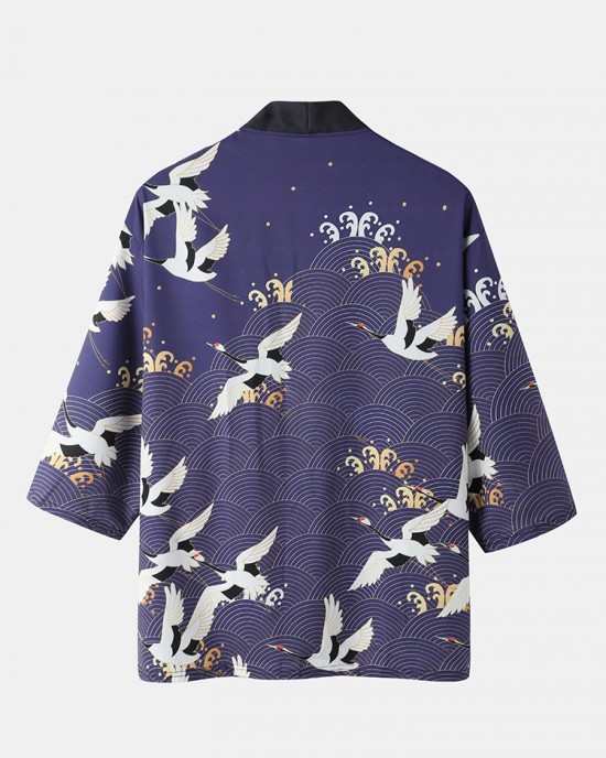 Mens Kimono Ethnic Style Crane Print Open Front Casual Two Pieces Outfits Mens Kimono Ethnic Style Crane Print Open Front Casual Two Pieces Outfits