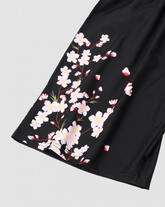 Mens Floral Print Open Front Kimono Loose Two Pieces Outfits Mens Floral Print Open Front Kimono Loose Two Pieces Outfits