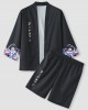 Mens Japanese Wave Print Open Front Kimono Loose Two Pieces Outfits Mens Japanese Wave Print Open Front Kimono Loose Two Pieces Outfits