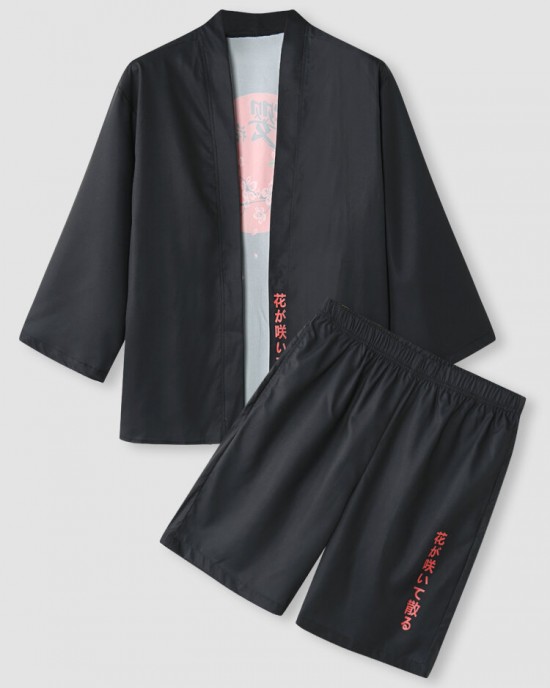 Mens Cherry Blossoms Character Back Print Kimono Loose Two Pieces Outfits Mens Cherry Blossoms Character Back Print Kimono Loose Two Pieces Outfits