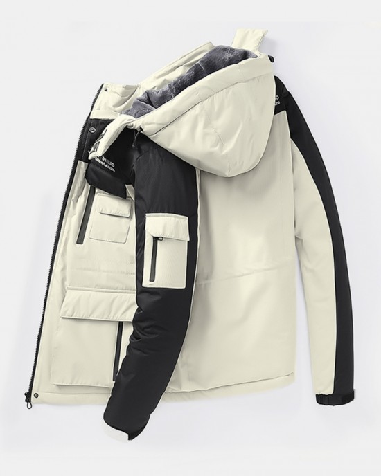 Mens Patchwork Windproof Warm Thick Fleece Lined Hooded Coats With Pocket Mens Patchwork Windproof Warm Thick Fleece Lined Hooded Coats With Pocket
