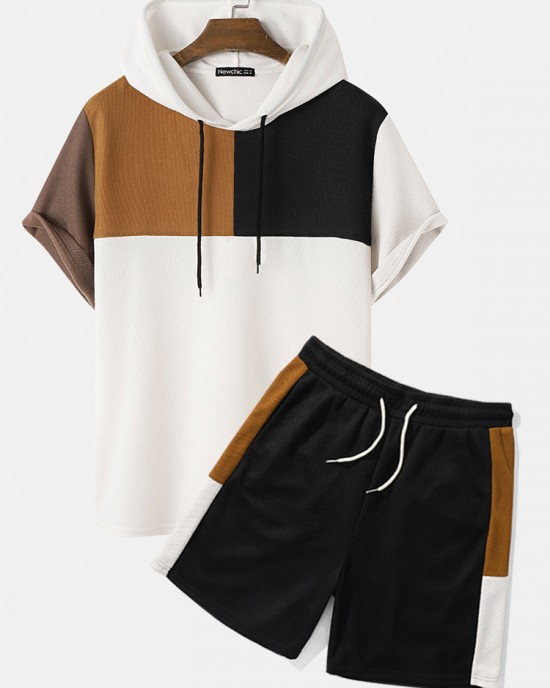 Mens Hooded Waffle Knit Color Block Patchwork Shirts Shorts Two Pieces Outfits Mens Hooded Waffle Knit Color Block Patchwork Shirts Shorts Two Pieces Outfits