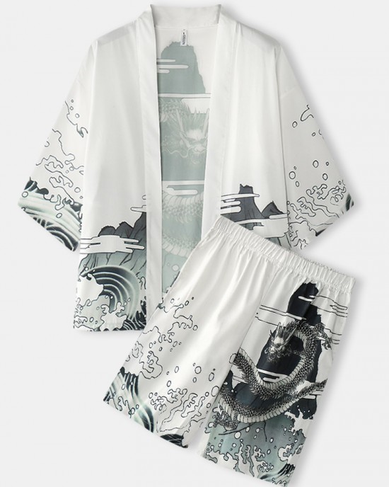 Mens Kimono Loong Pattern Chinoiserie Dragon Two Piece Outfits Mens Kimono Loong Pattern Chinoiserie Dragon Two Piece Outfits