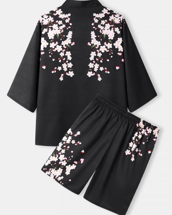 Mens Floral Print Open Front Kimono Loose Two Pieces Outfits Mens Floral Print Open Front Kimono Loose Two Pieces Outfits