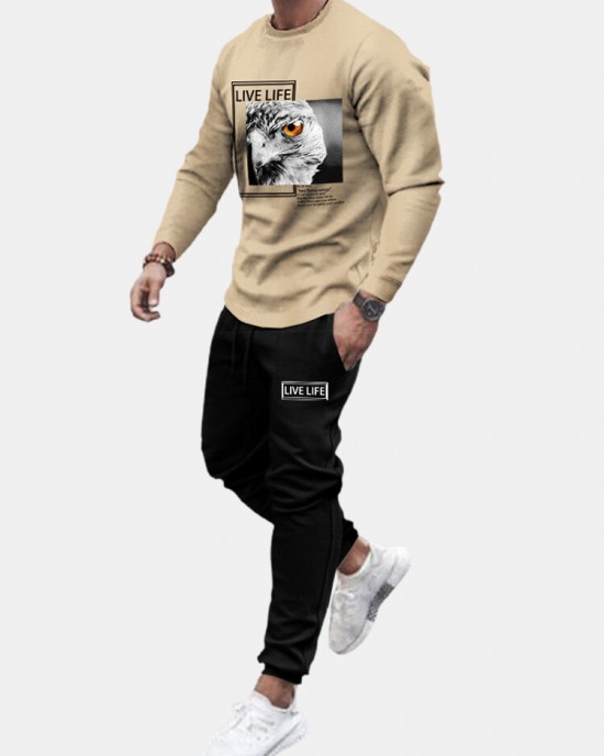 Men Owl Print Letter Round Neck Elastic Waist Ankle Length Casual Suits Men Owl Print Letter Round Neck Elastic Waist Ankle Length Casual Suits