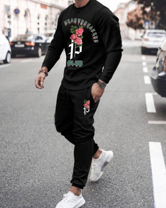 Men Flower Print Letter Round Neck Side Pockets Ankle Length Casual Suits Men Flower Print Letter Round Neck Side Pockets Ankle Length Casual Suits