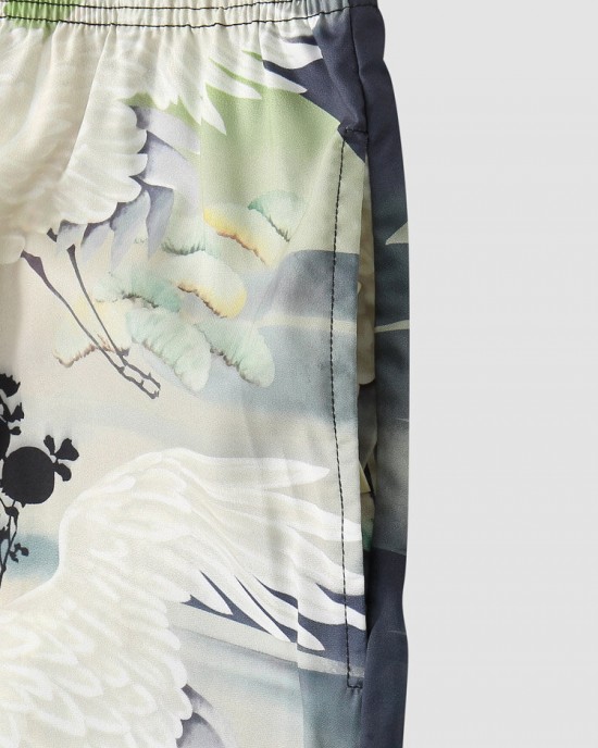 Mens Crane Landscape Print Contrast Trim Holiday Two Pieces Outfits Mens Crane Landscape Print Contrast Trim Holiday Two Pieces Outfits