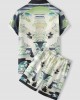 Mens Crane Landscape Print Contrast Trim Holiday Two Pieces Outfits Mens Crane Landscape Print Contrast Trim Holiday Two Pieces Outfits