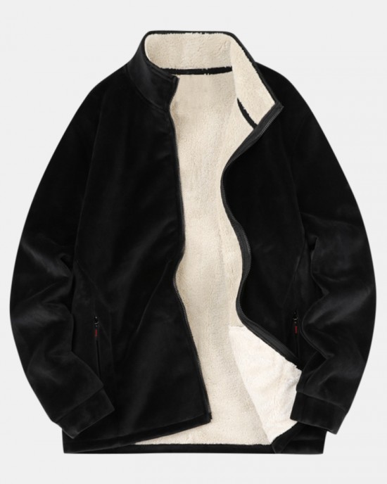Mens Warm Velvet Stand Collar Sherpa Lined Long Sleeve Coats With Pocket Mens Warm Velvet Stand Collar Sherpa Lined Long Sleeve Coats With Pocket