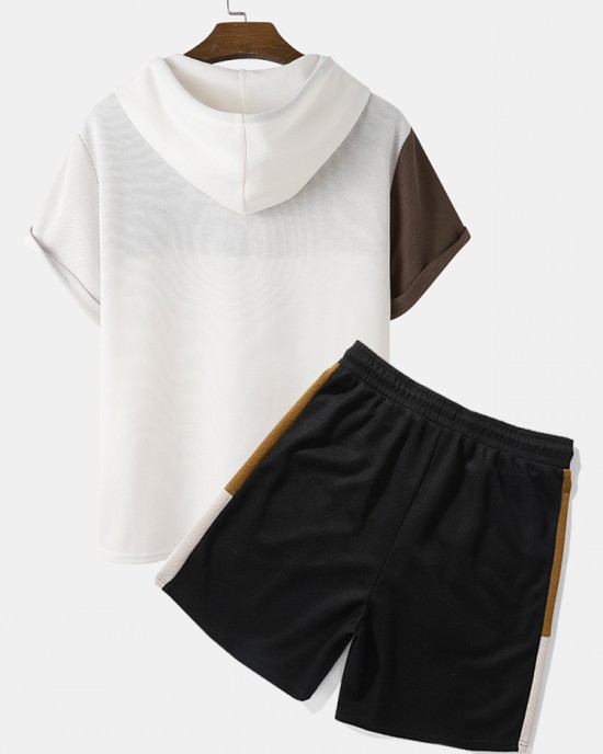 Mens Hooded Waffle Knit Color Block Patchwork Shirts Shorts Two Pieces Outfits Mens Hooded Waffle Knit Color Block Patchwork Shirts Shorts Two Pieces Outfits