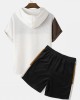 Mens Hooded Waffle Knit Color Block Patchwork Shirts Shorts Two Pieces Outfits Mens Hooded Waffle Knit Color Block Patchwork Shirts Shorts Two Pieces Outfits
