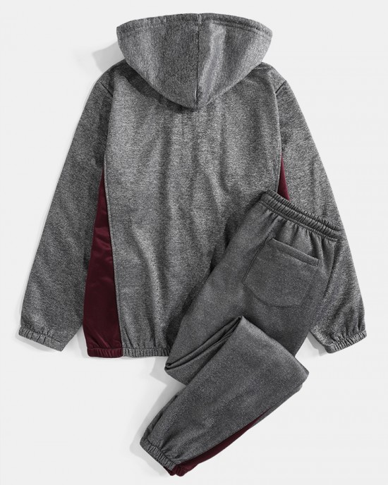 Mens Patchwork Zipper Sports Two Piece Outfits With Removable Hood Mens Patchwork Zipper Sports Two Piece Outfits With Removable Hood