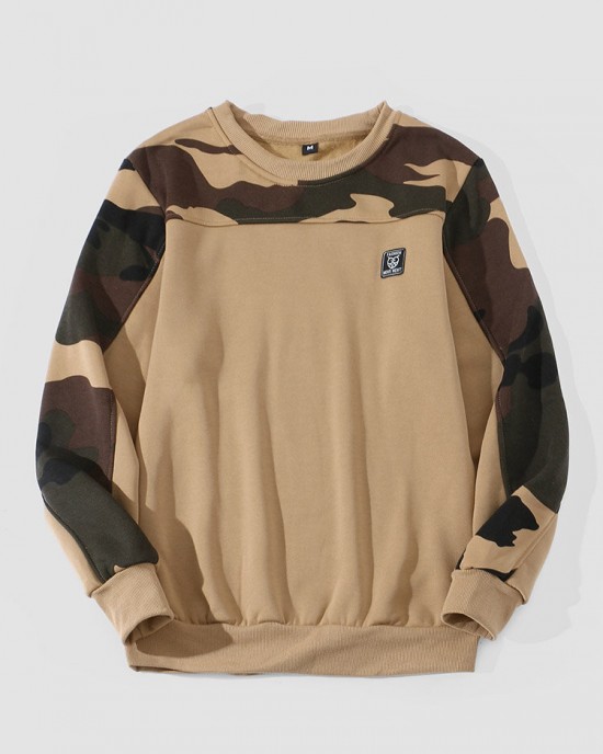 Men Camo Print Patchwork Applique Bodycorn Hem Pullover Sweatshirt Men Camo Print Patchwork Applique Bodycorn Hem Pullover Sweatshirt