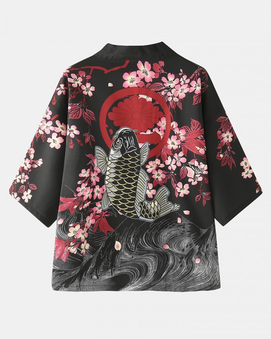 Mens Kimono Carp Flower Print Japanese Fish Elastic Waist Two Piece Outfits Mens Kimono Carp Flower Print Japanese Fish Elastic Waist Two Piece Outfits