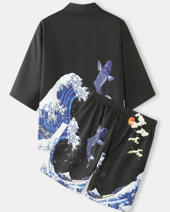 Mens Kimono Waves Cap Pattern Japanese Elastic Waist Two Piece Outfits Mens Kimono Waves Cap Pattern Japanese Elastic Waist Two Piece Outfits