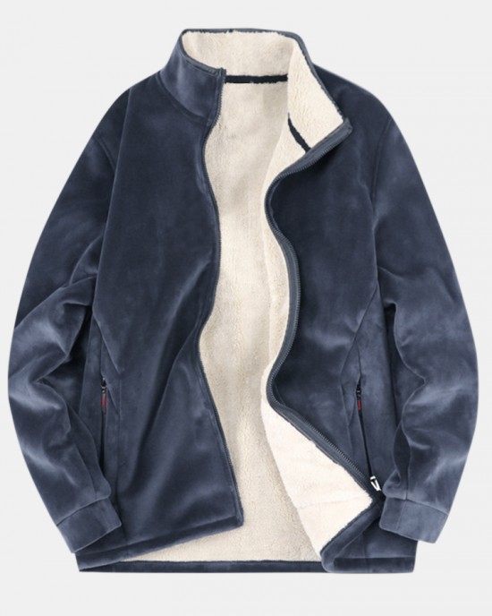 Mens Warm Velvet Stand Collar Sherpa Lined Long Sleeve Coats With Pocket Mens Warm Velvet Stand Collar Sherpa Lined Long Sleeve Coats With Pocket