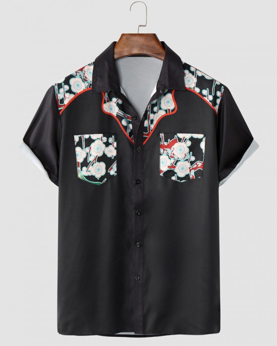 Mens Floral Print Double Pocket Button Up Holiday Two Pieces Outfits Mens Floral Print Double Pocket Button Up Holiday Two Pieces Outfits