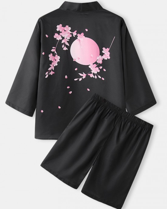 Mens Cherry Blossoms Letter Print Kimono Loose Two Pieces Outfits Mens Cherry Blossoms Letter Print Kimono Loose Two Pieces Outfits