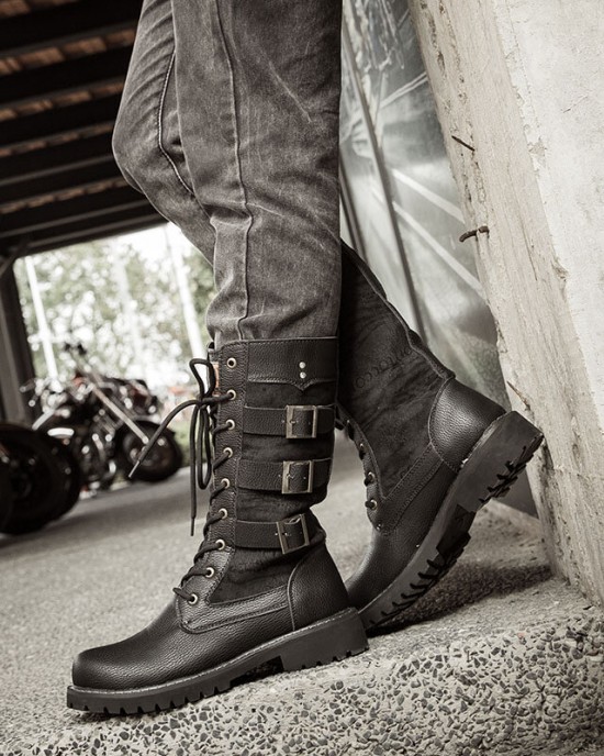 Men Classic Black Biker Boots Metal Buckle Motorcycle Boots Men Classic Black Biker Boots Metal Buckle Motorcycle Boots