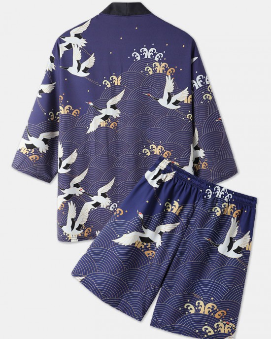 Mens Kimono Ethnic Style Crane Print Open Front Casual Two Pieces Outfits Mens Kimono Ethnic Style Crane Print Open Front Casual Two Pieces Outfits
