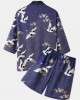 Mens Kimono Ethnic Style Crane Print Open Front Casual Two Pieces Outfits Mens Kimono Ethnic Style Crane Print Open Front Casual Two Pieces Outfits
