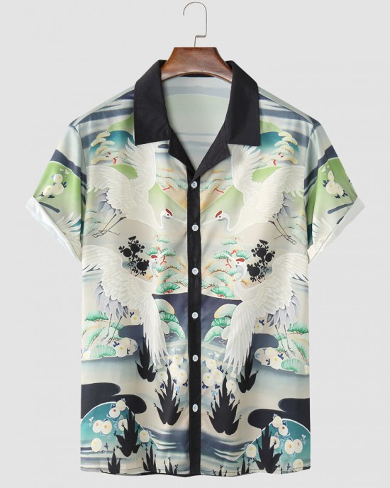Mens Crane Landscape Print Contrast Trim Holiday Two Pieces Outfits Mens Crane Landscape Print Contrast Trim Holiday Two Pieces Outfits
