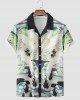 Mens Crane Landscape Print Contrast Trim Holiday Two Pieces Outfits Mens Crane Landscape Print Contrast Trim Holiday Two Pieces Outfits