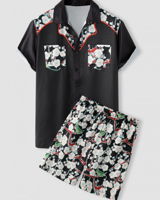 Mens Floral Print Double Pocket Button Up Holiday Two Pieces Outfits Mens Floral Print Double Pocket Button Up Holiday Two Pieces Outfits