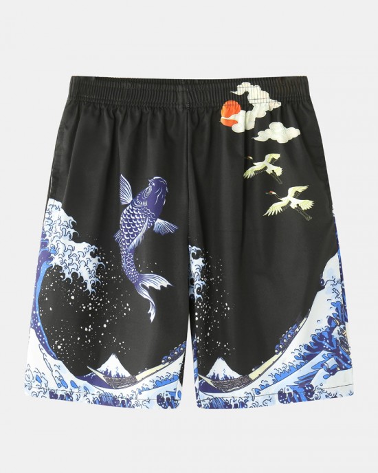 Mens Kimono Waves Cap Pattern Japanese Elastic Waist Two Piece Outfits Mens Kimono Waves Cap Pattern Japanese Elastic Waist Two Piece Outfits
