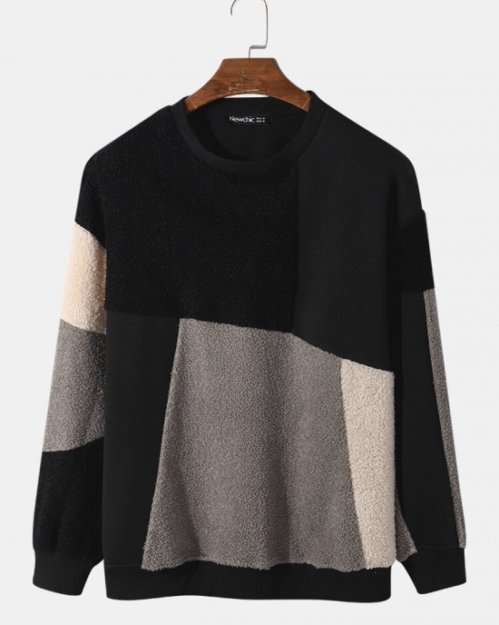 Men Teddy Color Block Patchwork Crew Neck Pullover Sweatshirts Men Teddy Color Block Patchwork Crew Neck Pullover Sweatshirts