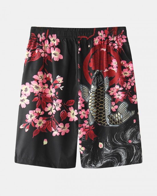 Mens Kimono Carp Flower Print Japanese Fish Elastic Waist Two Piece Outfits Mens Kimono Carp Flower Print Japanese Fish Elastic Waist Two Piece Outfits