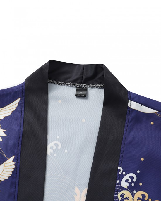 Mens Kimono Ethnic Style Crane Print Open Front Casual Two Pieces Outfits Mens Kimono Ethnic Style Crane Print Open Front Casual Two Pieces Outfits