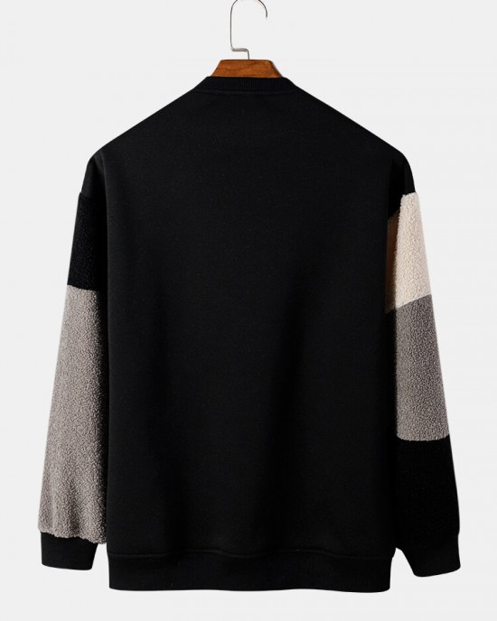 Men Teddy Color Block Patchwork Crew Neck Pullover Sweatshirts Men Teddy Color Block Patchwork Crew Neck Pullover Sweatshirts