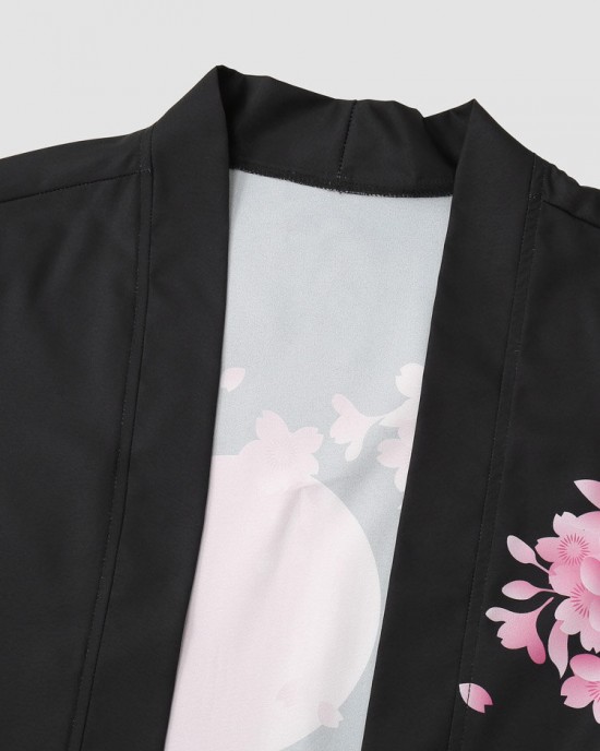 Mens Cherry Blossoms Letter Print Kimono Loose Two Pieces Outfits Mens Cherry Blossoms Letter Print Kimono Loose Two Pieces Outfits