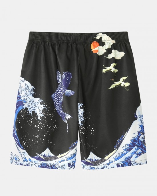 Mens Kimono Waves Cap Pattern Japanese Elastic Waist Two Piece Outfits Mens Kimono Waves Cap Pattern Japanese Elastic Waist Two Piece Outfits
