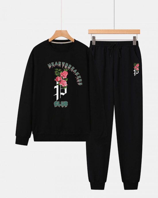 Men Flower Print Letter Round Neck Side Pockets Ankle Length Casual Suits Men Flower Print Letter Round Neck Side Pockets Ankle Length Casual Suits