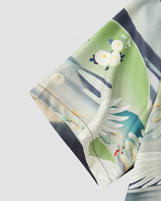 Mens Crane Landscape Print Contrast Trim Holiday Two Pieces Outfits Mens Crane Landscape Print Contrast Trim Holiday Two Pieces Outfits