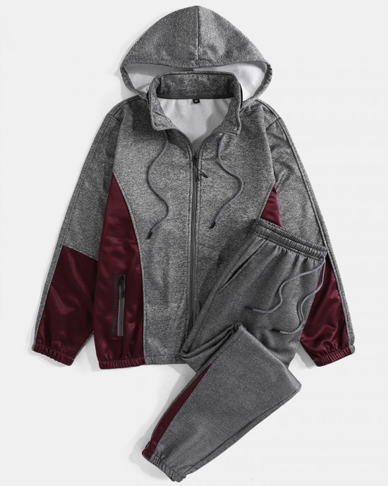 Mens Patchwork Zipper Sports Two Piece Outfits With Removable Hood Mens Patchwork Zipper Sports Two Piece Outfits With Removable Hood